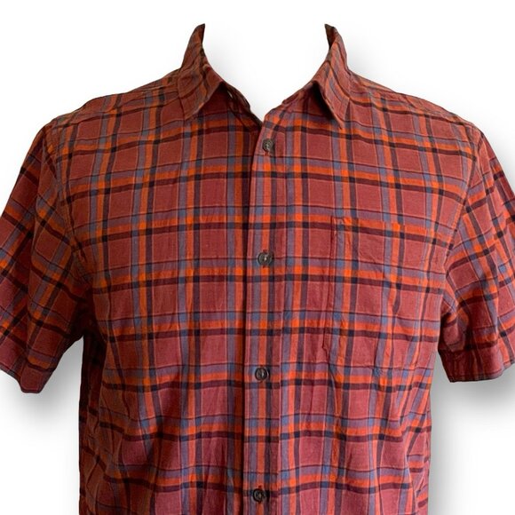 Prana Mens Shirt Sz Large Brown Blue Plaid Slim Fit Short Sleeve Organic Cotton - Picture 4 of 8